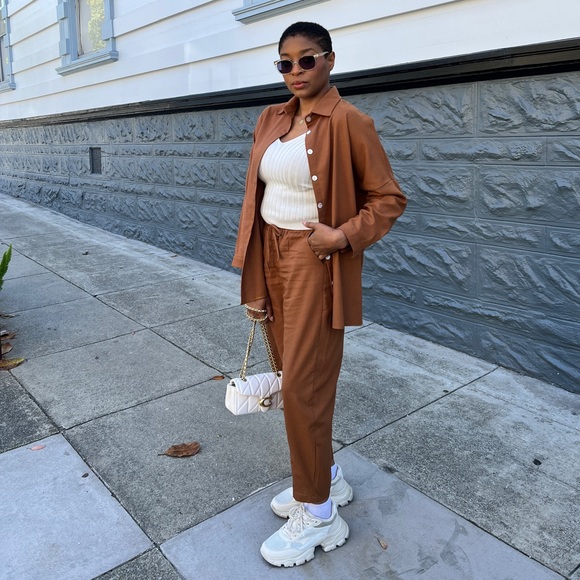 Linen Button Down Pant Set - Khaki - Picture 2 of 6